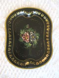 Antique Kidney Shape Heavy Hand Painted Tole Tray  Floral Artwork 