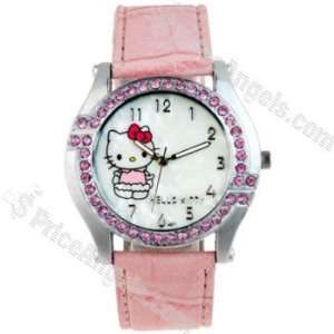  Hello Kitty Style Crystal inlaid Leather Band Wrist Watch 