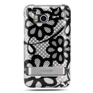  Rubberized phone case with black lace flower design that fits onto 