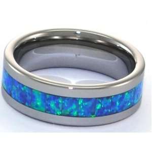  8mm Precious Opal Tungsten Carbide Ring with Blue green 