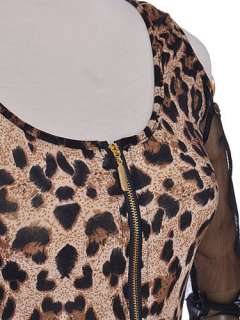 Exposed Front Zipper Cheetah Leopard Print Tank Dress Bare Shoulder 