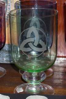 etched Green Glass Goblet Triquetra for wicca magick  