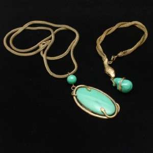 Snake Set Necklace Bracelet Brass Glass Mesh Vintage  