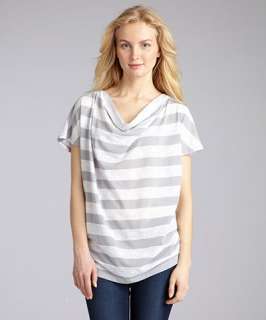 Design History grey and white jersey lace striped cowl neck top