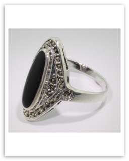 Onyx and Marcasite Ring   Sterling Silver Size 7  