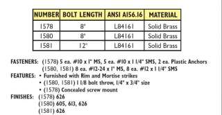 Don Jo Solid Brass UL Listed Surface Bolts 8 12  