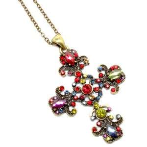 RELIGIOUS JEWELRY   Cross Pendant Necklace with Multi Color Crystals 
