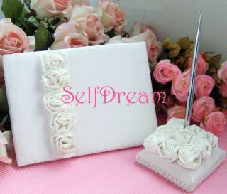 GB01 Ivory Satin Rose Cover Wedding Guest Book Pen Set  