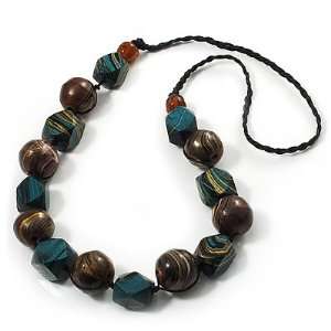  Chunky Wood Bead Cotton Cord Necklace (Brown & Green 