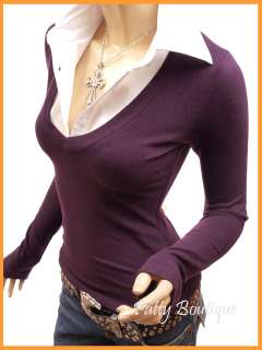 Smart Shirt Collar V Neck Knit Tops 2 in 1 Style Blouse  