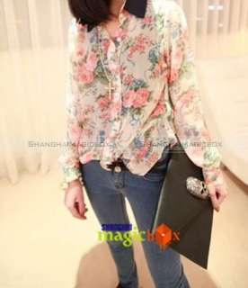 Women Fashion Vintage Sweet Rose Flower Chiffon Blouse Shirt Top New 
