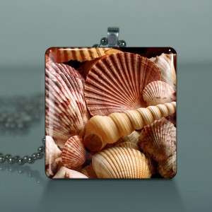 Sea Shells Large Glass Tile Necklace Pendant a06  