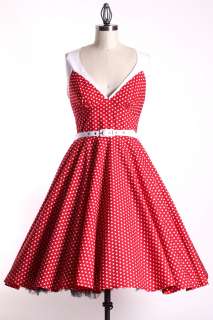 50S Vintage Red/White Size M Pinup Swing Belt Dress Rockabilly Retro 