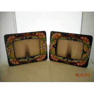  Set of 2 Mexican Flowered 3x4 1/2 Pottery Picture Frame 