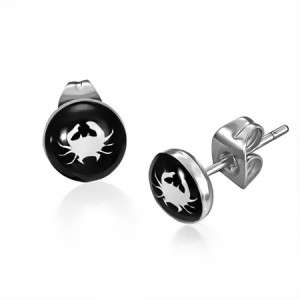 7mm Silver Stainless Steel Cancer Zodiac Sign Circle Stud Earrings 