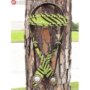 Western Tack Green Zebra Hair On Leather Headstall Bridle  