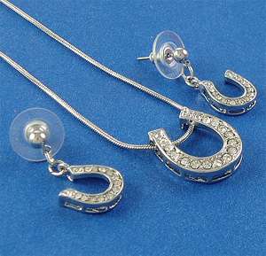 WHITE CLEAR CRYSTAL HORSESHOE NECKLACE EARRING SET S55  