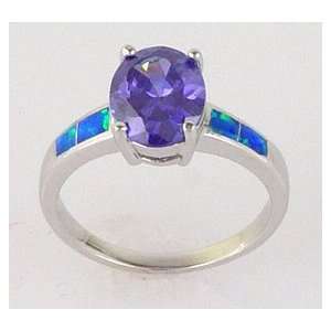  925 Sterling Silver Created OPAL OVAL CZ Tanzanite Ring Sz 