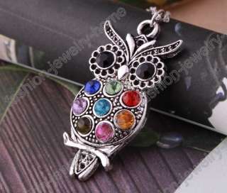 Fashion Retro Silver Cute Crystal Owl Pendant Chain Necklace  