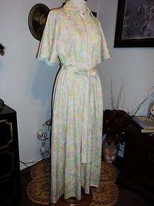 vtg 70s Floral Polyester Bell Sleeves Zip Maxi Dress L  