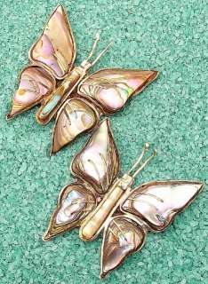 Taxco Mexico Abalone Sterling Butterfly Pins Pair Two  