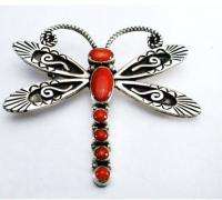 Navajo Handmade Sterling Silver Red Coral Dragonfly Brooch Pin  