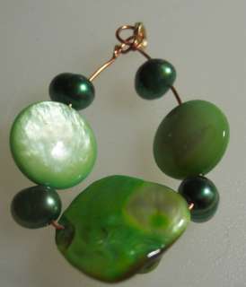 GREEN SHELL & PEARL ON COPPER WIRE PENDANT  