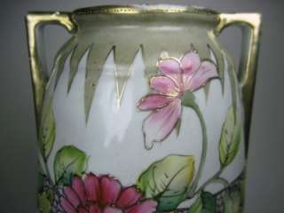 Imperial Nippon 9 3/4H Large Pink Flowers w/Enamel Moriage & Gold 