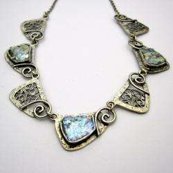 Sterling Silver Ancient Roman Glass Filigree Necklace (Israel 