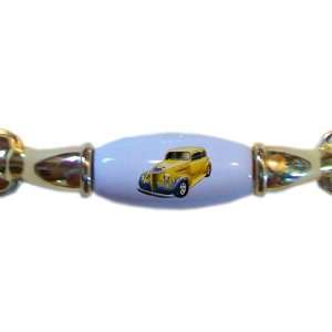  Yellow with Blue Flames Hot Rod Car BRASS DRAWER Pull 