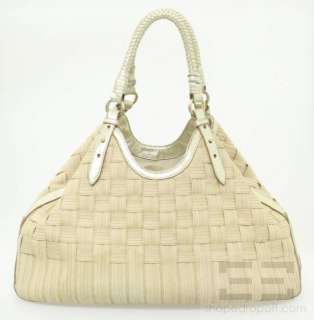   Natural Woven Canvas & Gold Braided Leather Trim Shoulder Bag  