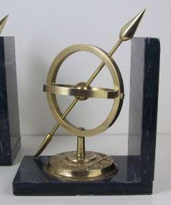   Brass Armillary Sundial Bookends Marble Bases Sphericle Astrolabe