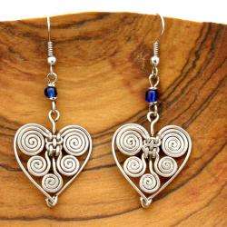 Silverplated Copper Wire Blue Beads Heart Earrings (Kenya 