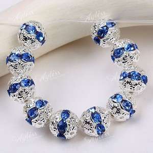 10PCS 8mm Blue Crystal Rhinestone Spacer Beads Flower Silver Plated 