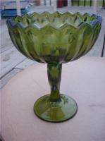 Vintage Deco Green Art Glass Footed Stem Comport Bowl  