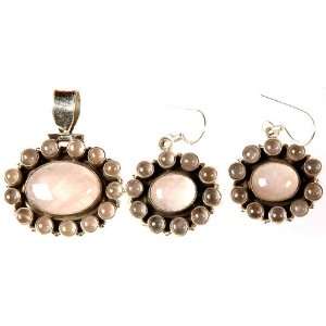  Rose Quartz Oval Pendant with Earrings Set   Sterling 