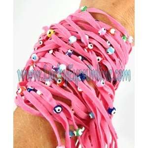 Pink Velvet Evil Eye String Bracelet with Multicolor Beads 