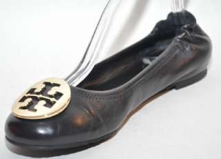 TORY BURCH Reva Black Leather Ballet Flat Gold Logo Womens Shoes 7 M 