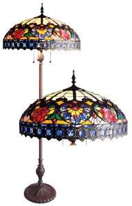 VICTORIAN CABOCHON ROSE TIFFANY STYLE FLOOR LAMP STAINED GLASS