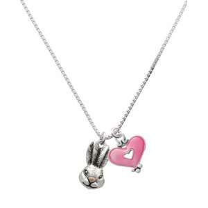   Antiqued Bunny Head and Trasnlucent Pink Heart Charm Necklace Jewelry