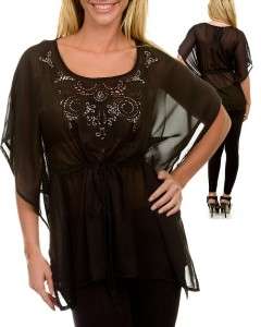 New BLACK Kimono Butterfly Sleeve TOP Blouse w/ Embroidery & Beads S 
