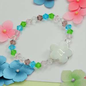 Flower Girls Crystal Stretch Bracelet Engraved Initial  