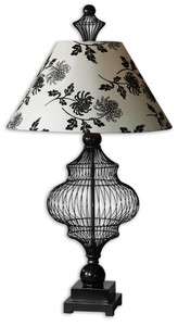 FRENCH COUNTRY Wire TABLE LAMP w/ Black White Floral Tapered Lampshade 