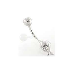   14kt White Gold Single Gem Solitare Baby Dolphin Belly Ring Jewelry
