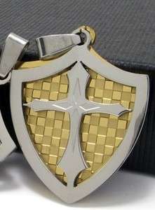   Steel Mens Gold Tone Carbide Shield Cross 22 NECKLACE Pendant  