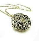   OLD Gold Time Bird Locket Gear Train Pendant Long Chain Necklace