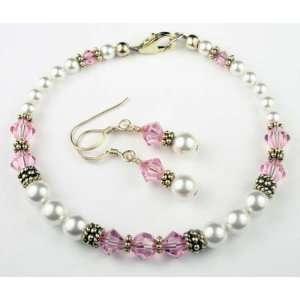 Gold Crystal Bracelet w/ Earrings in October Pink Tourmaline Swarovski 