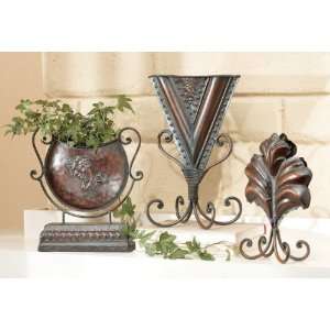  Set of 3 Floral Design Metal Vases with Scroll Accents 
