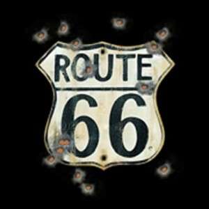 ROUTE 66 T SHIRT BULLET HOLES VINTAGE SIGN HISTORIC HWY  