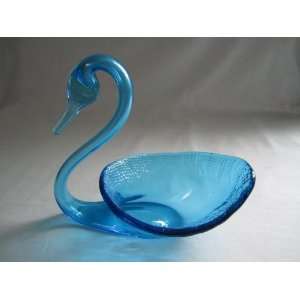  Vintage Handcrafted Blown Blue Glass Swan Candy Dish 6 1/2 